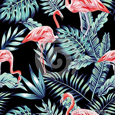 Pink flamingo blue jungle Vector Illustration