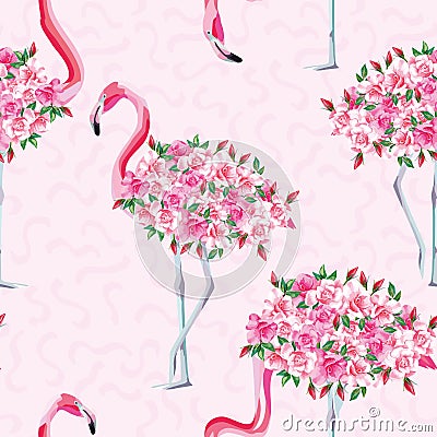 Pink flamingo body of roses seamless pattern Vector Illustration