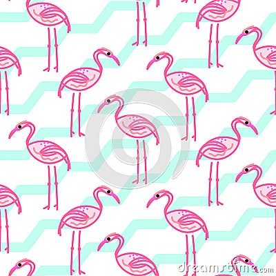 Pink flamingo on chevron blue and white pattern. Vector Illustration