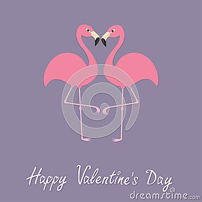 Pink flamingo couple neck heart shape. Exotic tropical bird. Zoo animal collection. Cute cartoon character. Happy Valentines day. Vector Illustration