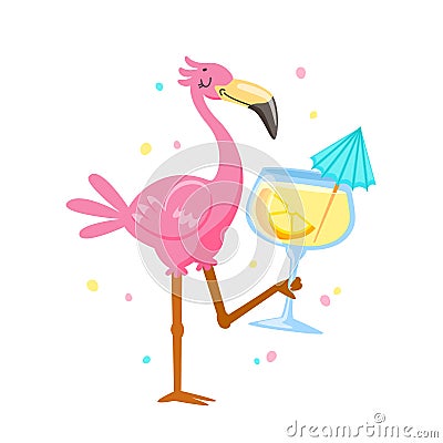 Pink Flamingo Drinking Cocktail. Cartoon Kawaii Bird Character on Summer Vacation. Cute Personage Summertime Vector Illustration