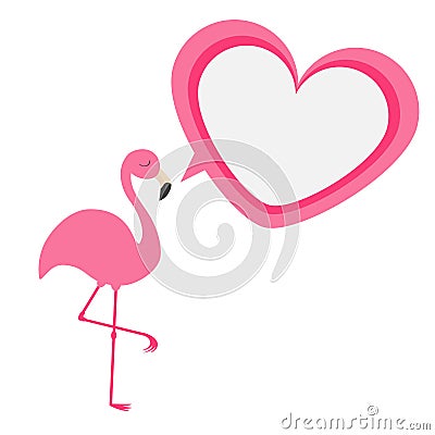 Pink flamingo. Exotic tropical bird. Zoo animal collection. Heart frame talking bubble. Cute cartoon character. Decoration element Vector Illustration