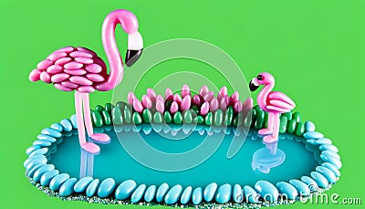 Pink flamingo figurines with reflection in blue water Stock Photo