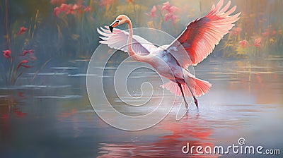 Vibrant Flamingo Landing: Abstract Oil Painting With Soft Colors Cartoon Illustration