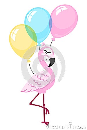Pink flamingo isolated on white background with balloons Vector Illustration