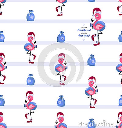 Pink flamingo. Merry Christmas and happy New Year. Seamless pattern. Vector Illustration