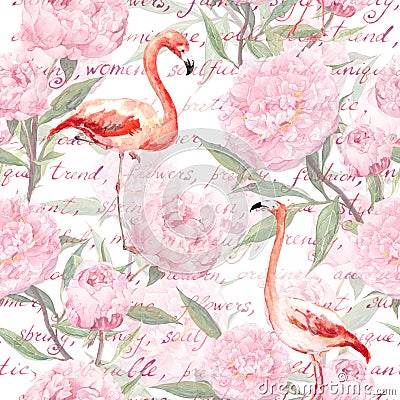 Pink flamingo, peony flowers, hand written text. Seamless pattern. Watercolor Stock Photo