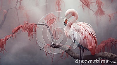 Muted Colors: Hyperrealistic Flamingo Bird Perched On Branch In Fog Stock Photo