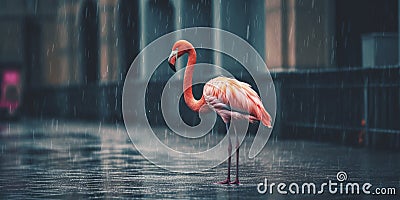 pink flamingo in rainy day in city generative AI Stock Photo