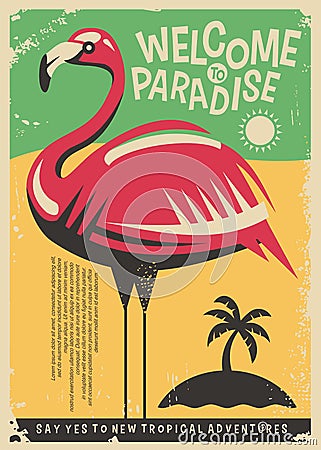 Pink flamingo retro poster design Vector Illustration