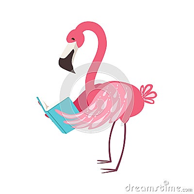 Pink Flamingo Smiling Bookworm Zoo Character Wearing Glasses And Reading A Book Cartoon Illustration Part Of Animals In Vector Illustration