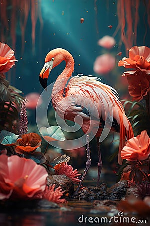 A pink flamingo standing in the middle of a body of water. Colorful flowers in pink pastel tones Stock Photo