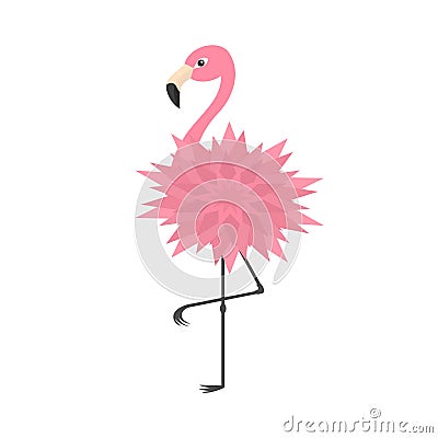 Pink flamingo standing on one leg. Flower body. Exotic tropical bird. Vector Illustration