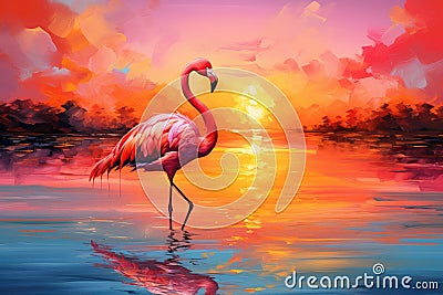 Pink flamingo standing on the water at sunset. Digital painting, flamingo in the sunset on the lake, AI Generated Stock Photo