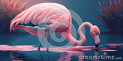 Pink Flamingo. Wildlife animal scene from nature. Flamingo in nature habitat. Beautiful water bird. Ai Generative Stock Photo