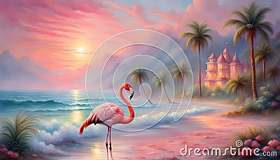 Pink flamingoes on the shore of the blue ocean, palm trees, blue sky, sun. Paradise landscape Stock Photo