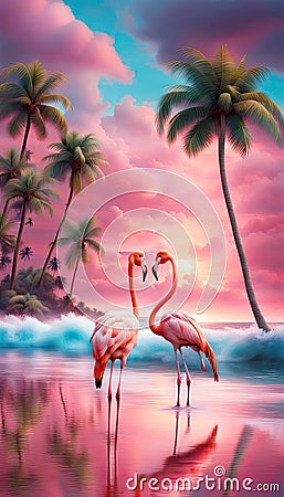 Pink flamingoes on the shore of the blue ocean, palm trees, blue sky, sun. Paradise landscape Stock Photo