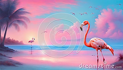 Pink flamingoes on the shore of the blue ocean, palm trees, blue sky, sun. Paradise landscape Stock Photo