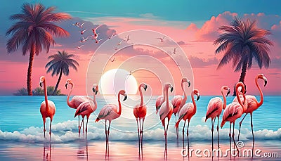 Pink flamingoes on the shore of the blue ocean, palm trees, blue sky, sun. Paradise landscape Stock Photo