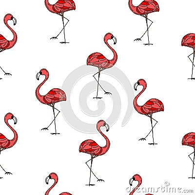 Pink flamingos birds summer pattern. Vector illustration Cartoon Illustration