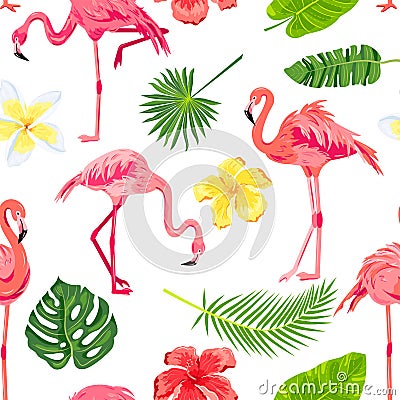 Pink flamingos, jungle leaves and tropical flowers seamless pattern Vector Illustration