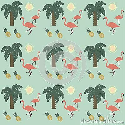 Pink flamingos, palm tree, pineapples and sun on a blue and aquamarine background Stock Photo