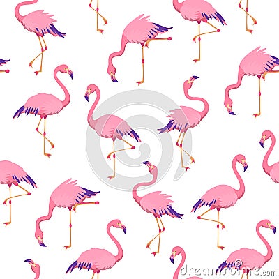 Pink flamingos pattern. Cute tropical birds, seamless flamingo hawaii texture bird repeat print decor wallpaper Vector Illustration