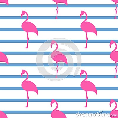 Pink flamingos seamless pattern. Tropical summer animal background with geometric stripes texture. Vector Illustration