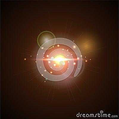 Pink Flash with rays and spotlight. Realistic light glare, high loth, star glow. Lens flare effect on black background. Vector Illustration