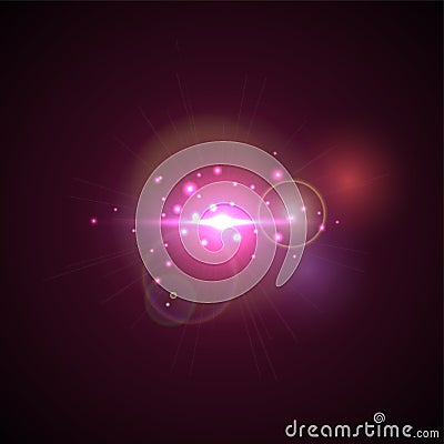 Pink Flash with rays and spotlight. Realistic light glare, high loth, star glow. Lens flare effect on black background. Vector Illustration