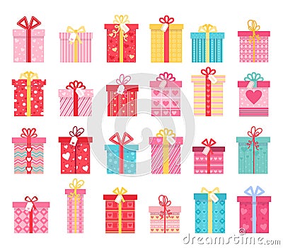 Pink flat gift boxes for Valentines day and wedding presents. Love gift box with ribbon bows and heart patterns. Wrapped Vector Illustration