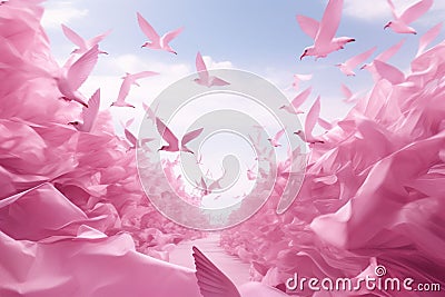 Pink Flight Birds flying in formation to create Stock Photo