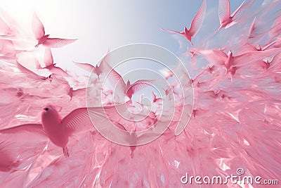 Pink Flight Birds flying in formation to create Stock Photo