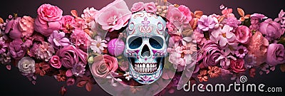 Pink floral azure skull design on dark pink background banner dia de los muertos Stock Photo