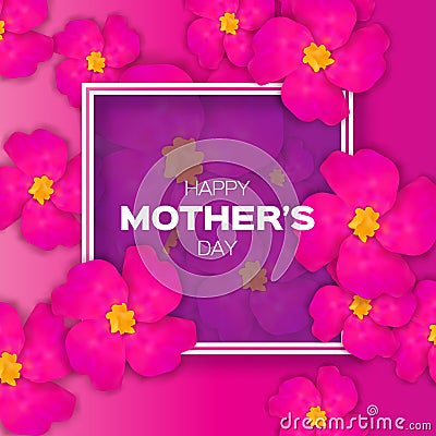 Pink Floral Greeting card - Happy Mothers Day - with Bunch of Spring Fower holiday background. Vector Illustration