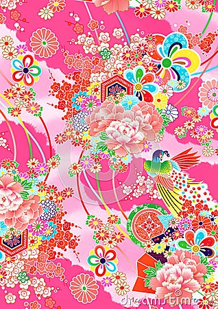 Pink Floral Japanese Kimono Style Pattern Stock Photo