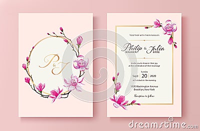 Pink floral wedding invitation card. Vector. Magnolia flower. Vector Illustration