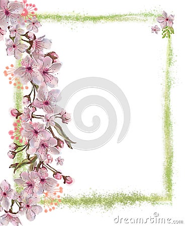 Pink Floral Wreath Decorating Green Splatter Frame. Stock Photo
