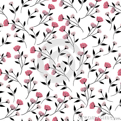 Pink flower and black leaves seamless pattern Stock Photo