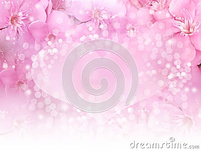 Pink flower border and heart bokeh background for wedding card or valentine concept Stock Photo