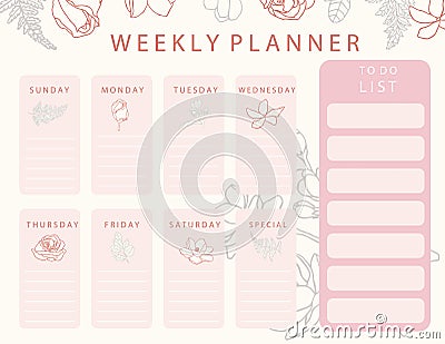 Pink flower calendar planner with rose,jasmine,leaves.Can use for printable,scrapbook,diary Vector Illustration