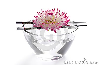 Pink flower floating on Chinese sticks in bowl Stock Photo