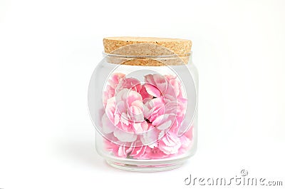 Pink flower inside glass bottle isolate on white with work path Stock Photo