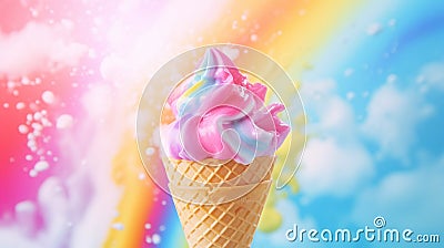 In a pink flower-shaped cone, rainbow Hawaiian Shave Ice, Shaved Ice, or Snow Cone dessert is presented on a colorful abstract Stock Photo