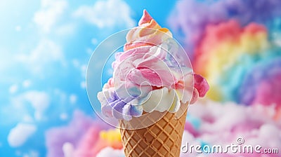 In a pink flower-shaped cone, rainbow Hawaiian Shave Ice, Shaved Ice, or Snow Cone dessert is presented on a colorful abstract Stock Photo