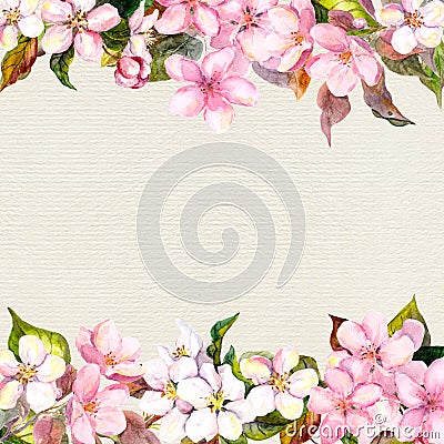 Pink flowers - apple, cherry blossom. Floral frame for postcard. Watercolour on paper background Stock Photo