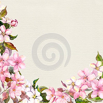 Pink flowers - apple, cherry blossom. Floral frame. Vintage watercolor on paper background Stock Photo