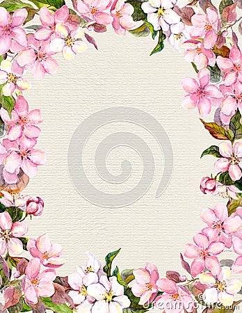 Pink flowers - apple, cherry blossom. Floral vintage frame for retro postcard. Aquarelle on paper background Stock Photo