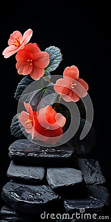 Pink Flowers On Black Rock: A Dark And Colorful Still Life Stock Photo