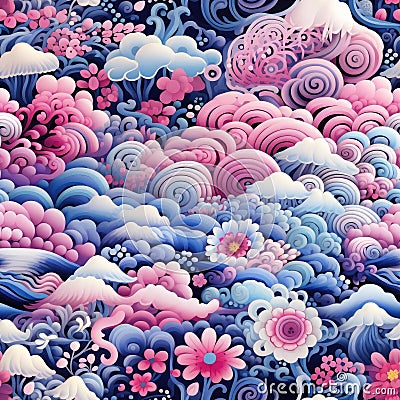 Pink flowers in a blue and black cloud pattern with intricate psychedelic landscapes (tiled) Stock Photo